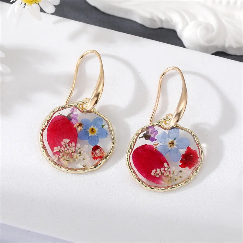 Unique Dried Flower Earrings Women Fashion Colorful Real Floral Earrings Creative Resin Epoxy Immortal Flower Earrings Jewelry