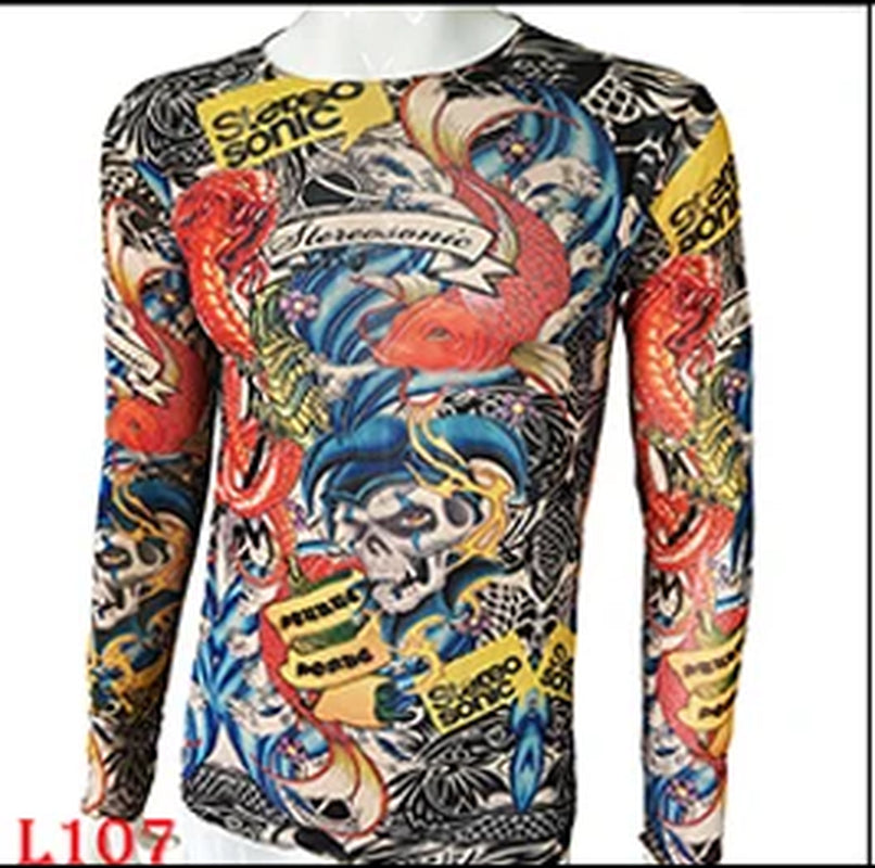 Fashion Men'S Fake Tattoo T-Shirts Long Sleeve Elastic Modal Thin All over Print O-Neck Tattoo Shirts Women Halloween Clothing