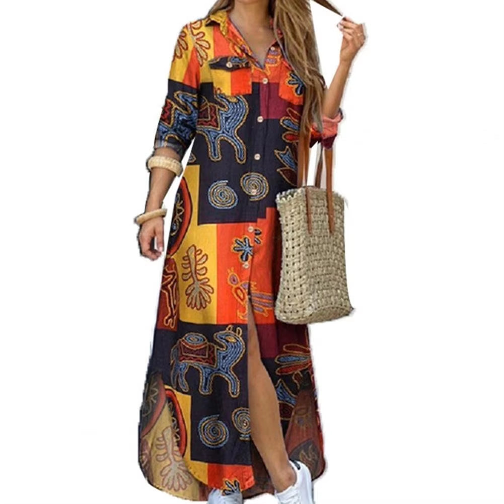 New Autumn Casual Fashion Women Dress Single-Breasted Long Sleeve Printed Loose Maxi 