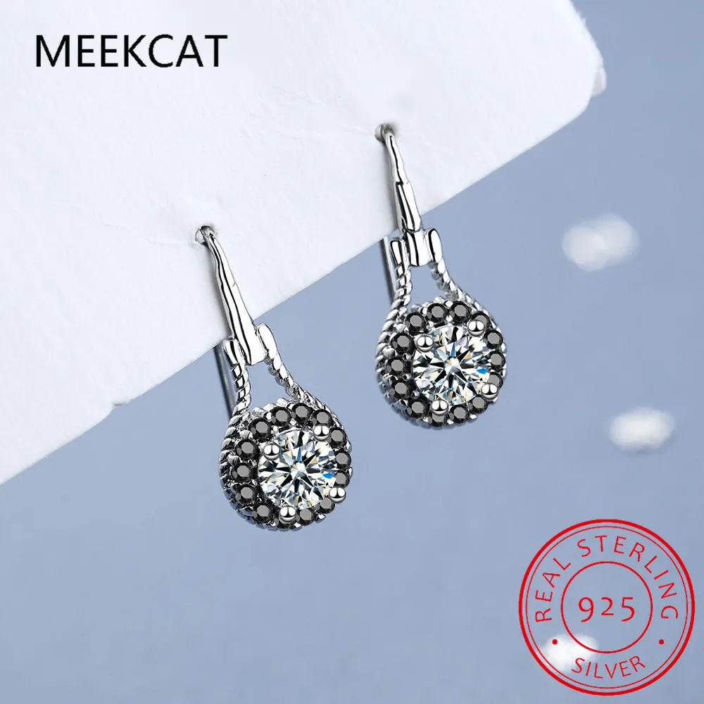 Genuine 925 Sterling Silver Earrings Fine Jewelry Flower Black Spinel Engagement Dangle Earrings Brincos De Prata for Women