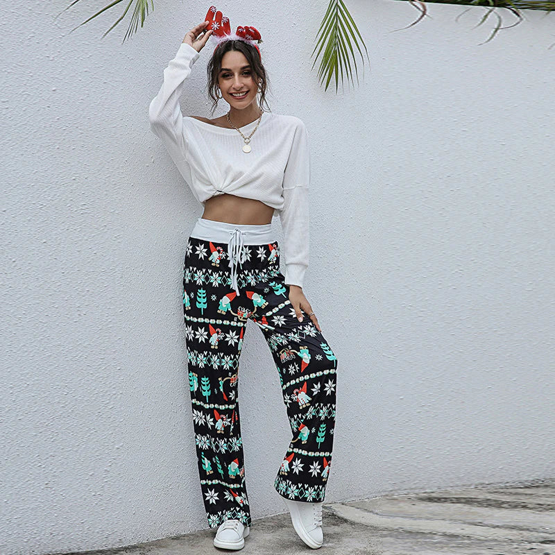 "Festive Charm: Women's Casual Drawstring Trousers with Christmas Snowflake, Tree, and Elk Print"