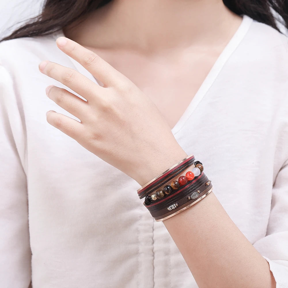 Multi-Layer Leather-Shell Wrap Bracelet with Magnetic Clasp Cuff Bangle Rope Beads Bracelet Jewelry for Women Girl Gift