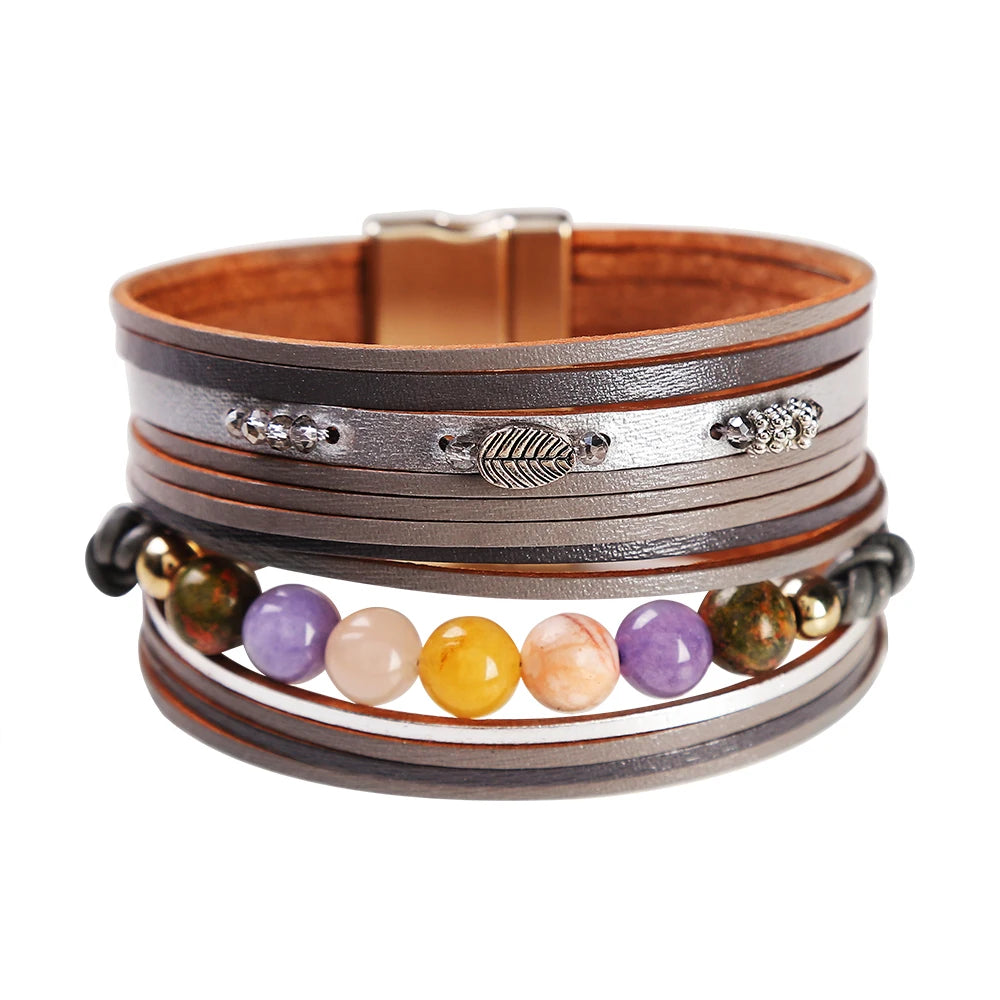 Multi-Layer Leather-Shell Wrap Bracelet with Magnetic Clasp Cuff Bangle Rope Beads Bracelet Jewelry for Women Girl Gift