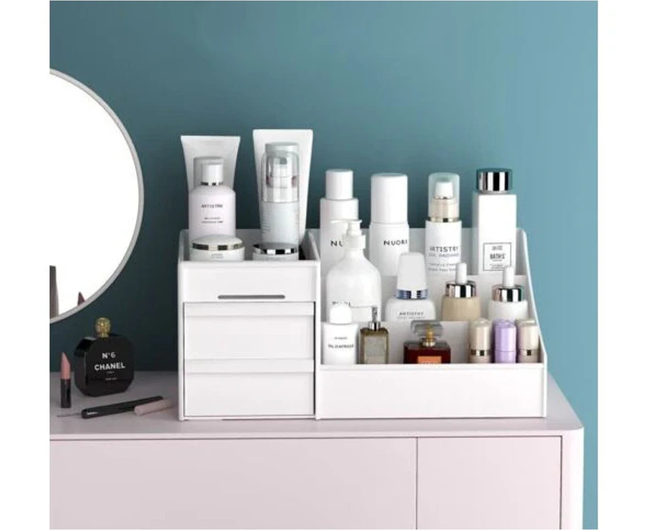 "Elegant Makeup Organizer with Drawers - Perfect Bathroom Skincare Storage Solution!"