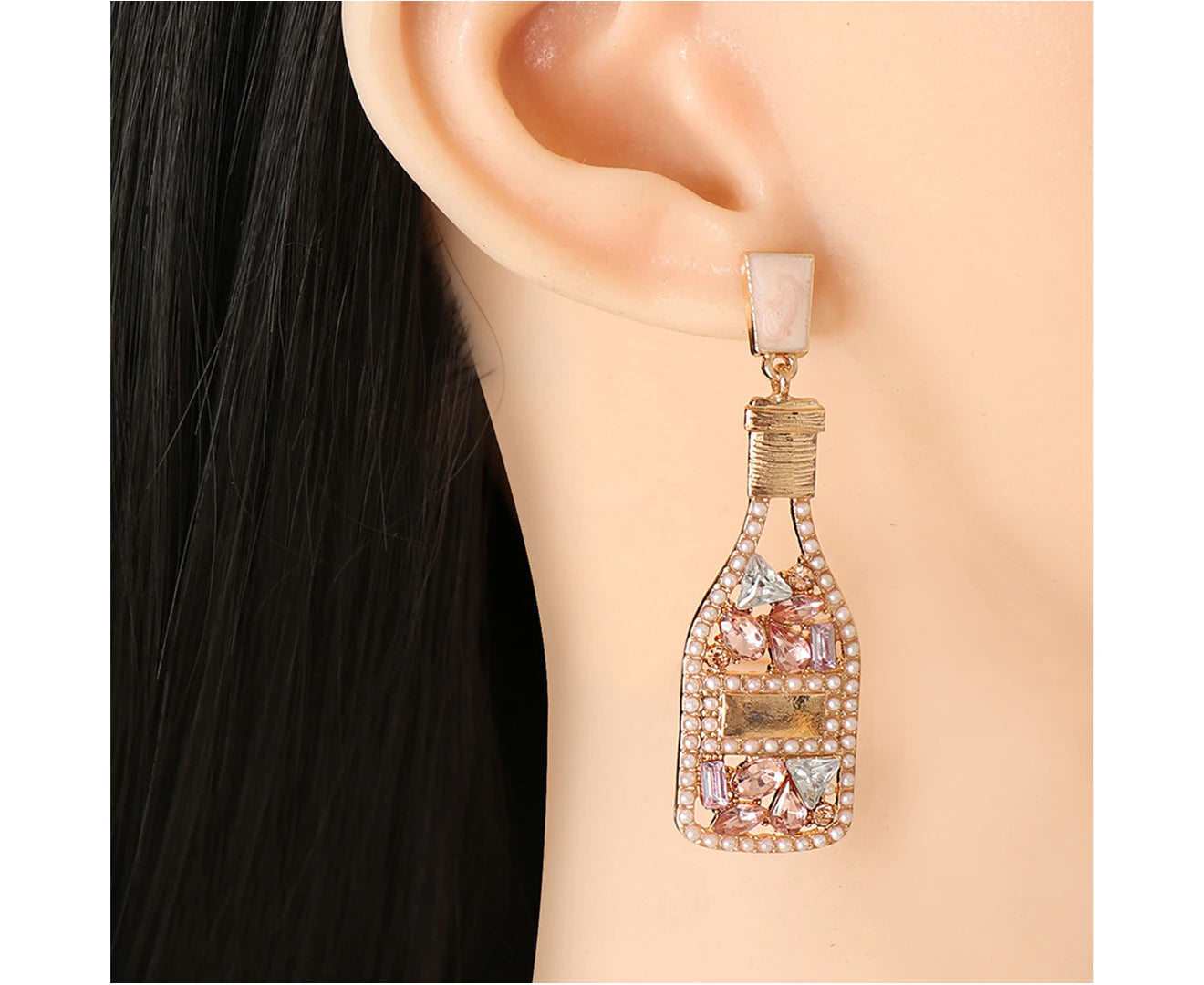 1 Pair Women Earrings Wine Bottle Rhinestones Creative Vintage Long Lasting Dangle Earrings for Banquet - Pink