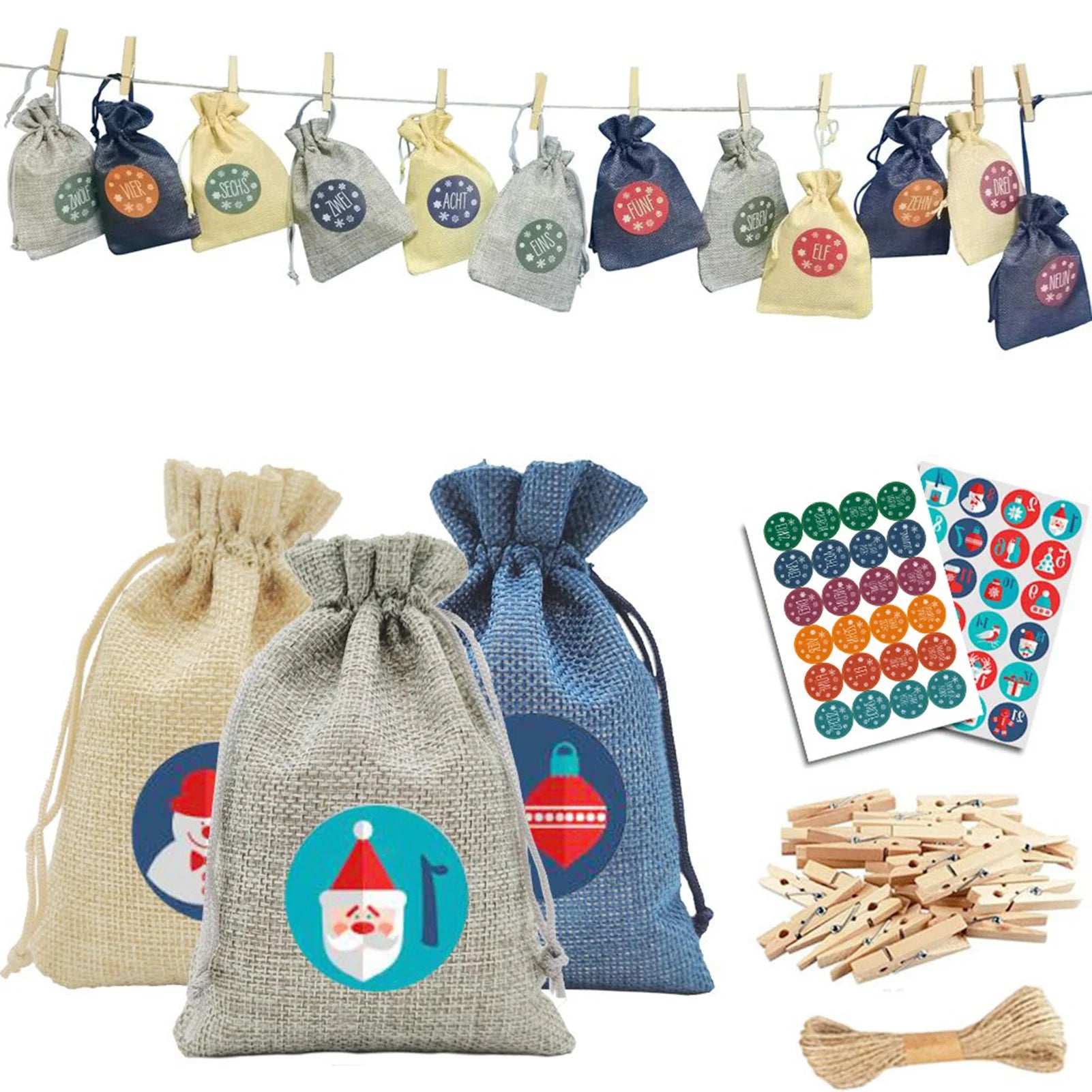 24Pcs Christmas Advent Calendar Bag Linen Wall Hanging Drawstring Bag with Clips Wooden Sign 2022 Christmas Countdown Advent Bag