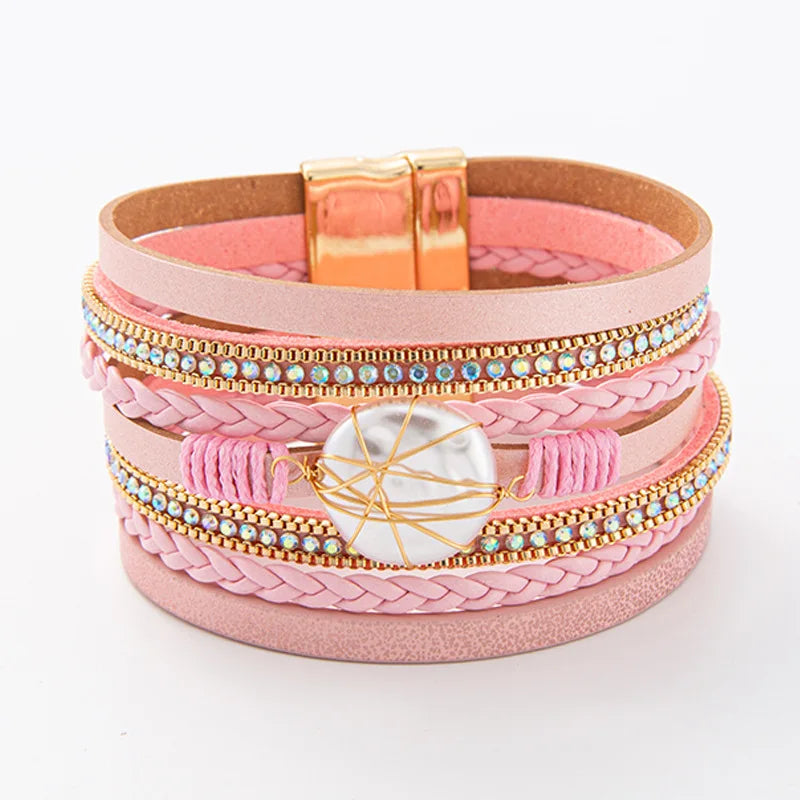 Multi-Layer Leather-Shell Wrap Bracelet with Magnetic Clasp Cuff Bangle Rope Beads Bracelet Jewelry for Women Girl Gift