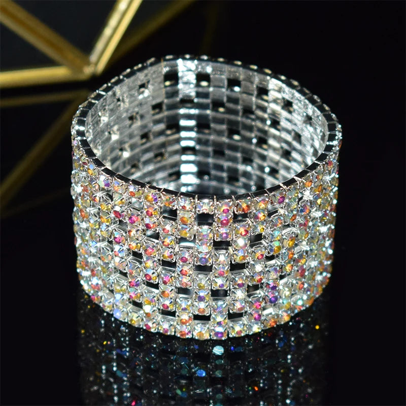 Bridal Rhinestone Bracelet Multi-Row Crystal Stretch Bracelet Wristband Stretchable Bracelet Gold Silver Plated Width Bracelet