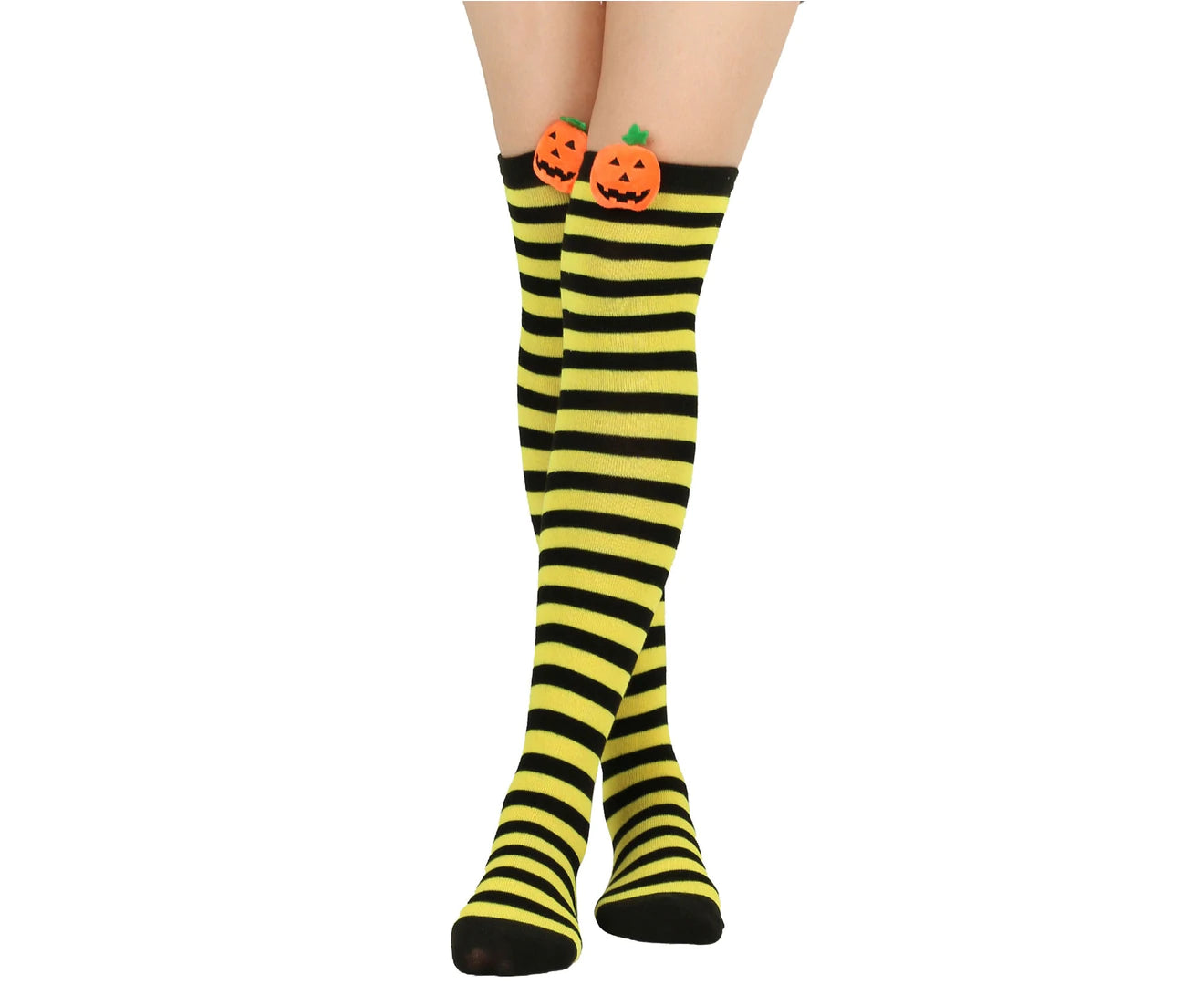 1 Pair Halloween Stockings over the Knee Pumpkin Striped Soft Keep Warm High Elasticity Solid Color Winter Thigh Socks for Halloween Party-Yellow - Yellow