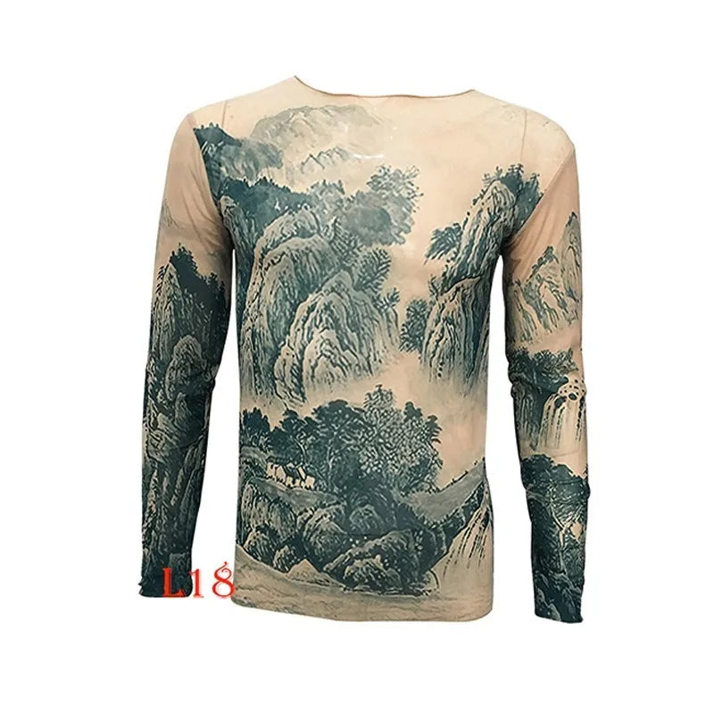 Fashion Men'S Fake Tattoo T-Shirts Long Sleeve Elastic Modal Thin All over Print O-Neck Tattoo Shirts Women Halloween Clothing