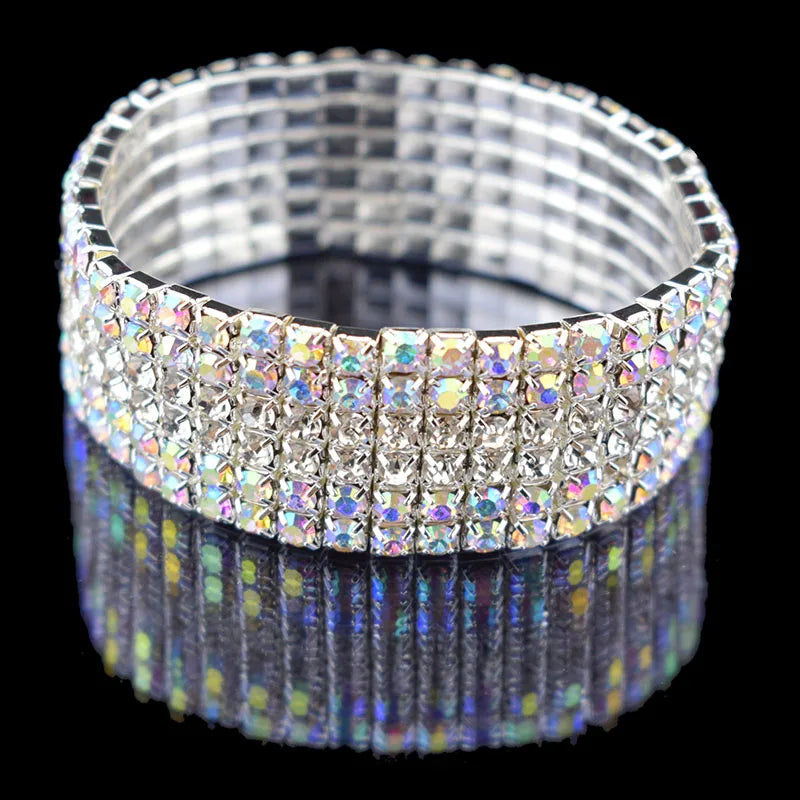 Bridal Rhinestone Bracelet Multi-Row Crystal Stretch Bracelet Wristband Stretchable Bracelet Gold Silver Plated Width Bracelet