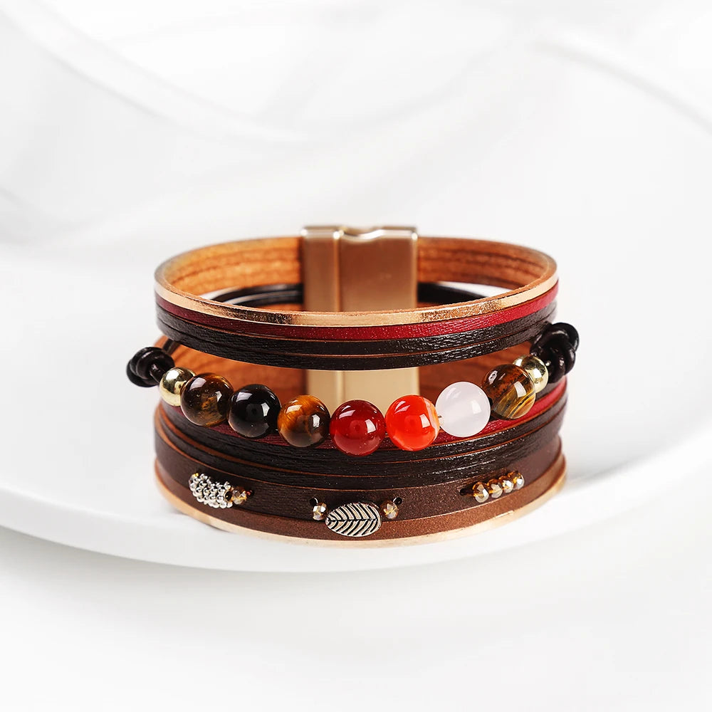 Multi-Layer Leather-Shell Wrap Bracelet with Magnetic Clasp Cuff Bangle Rope Beads Bracelet Jewelry for Women Girl Gift