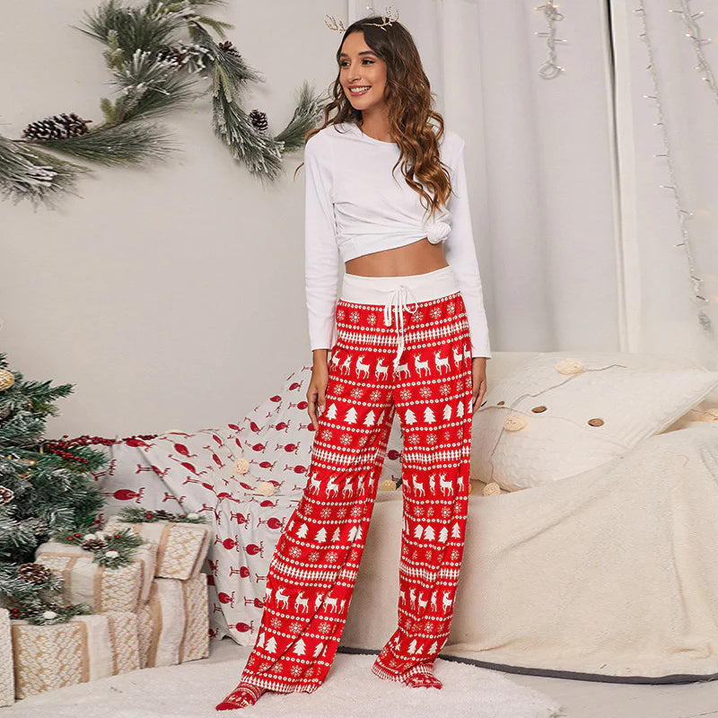 "Festive Charm: Women's Casual Drawstring Trousers with Christmas Snowflake, Tree, and Elk Print"