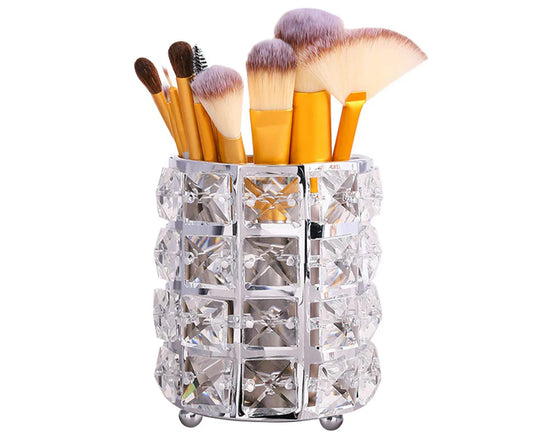 Crystal Makeup Brush Holder Organizer, Handcrafted Cosmetics Brushes Cup Storage Solution (Silver/Gold)