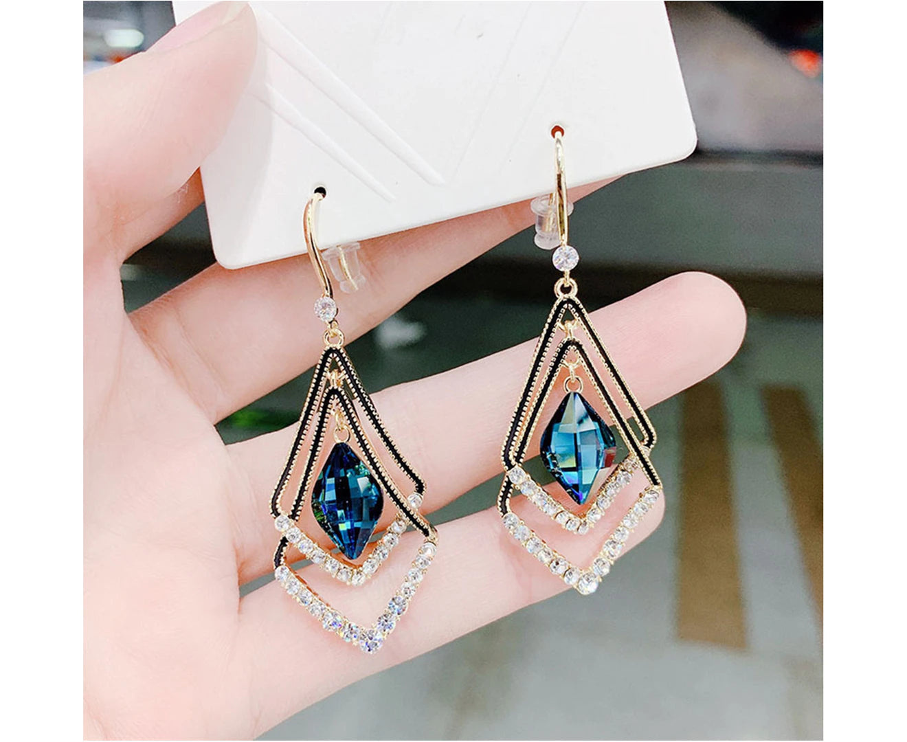 "Stunning Blue Double Layer Rhinestone Earrings – Sparkling Electroplated Hook Design for Elegant Banquets"