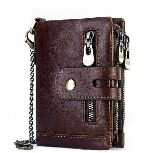 Men'S RFID Blocking Wallet Genuine Leather Purse Card Slots Coins Holder Chain