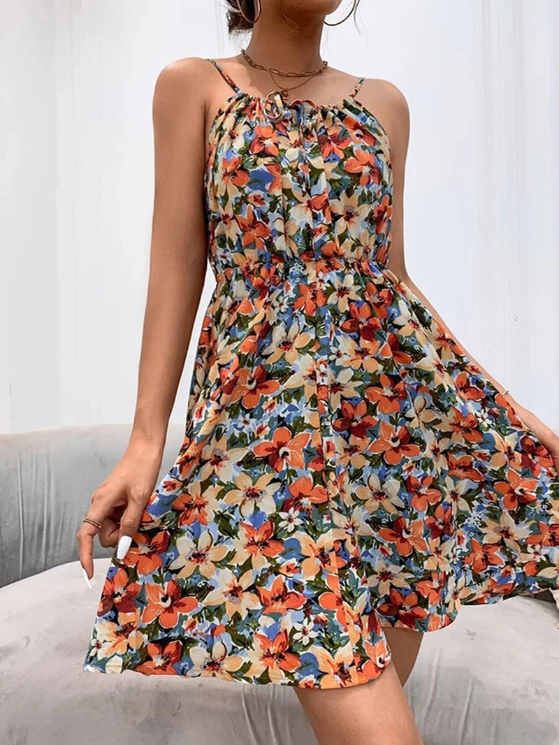 Elegant Floral Print Backless Sundress for Women - Summer Casual Sleeveless Lace-Up Beach Dress 2024