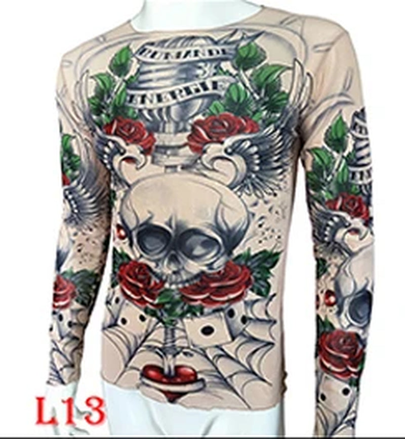 Fashion Men'S Fake Tattoo T-Shirts Long Sleeve Elastic Modal Thin All over Print O-Neck Tattoo Shirts Women Halloween Clothing