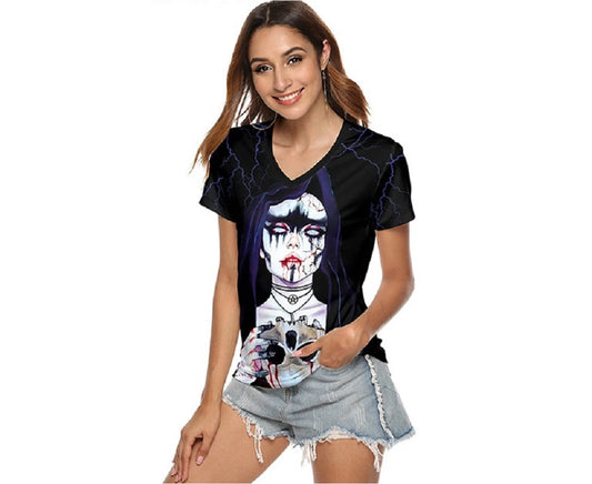 Women'S Halloween T-Shirts Casual V-Neck Short Sleeve Tee Tops for Women - Black