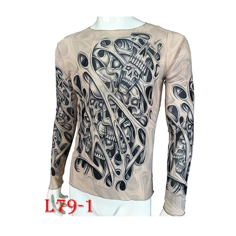 Fashion Men'S Fake Tattoo T-Shirts Long Sleeve Elastic Modal Thin All over Print O-Neck Tattoo Shirts Women Halloween Clothing