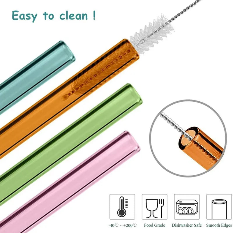 Eco-Friendly Reusable Glass Straws for Smoothies, Milkshakes, Tea, Juice, and Cocktails - Multi-Color Set with Cleaning Brush