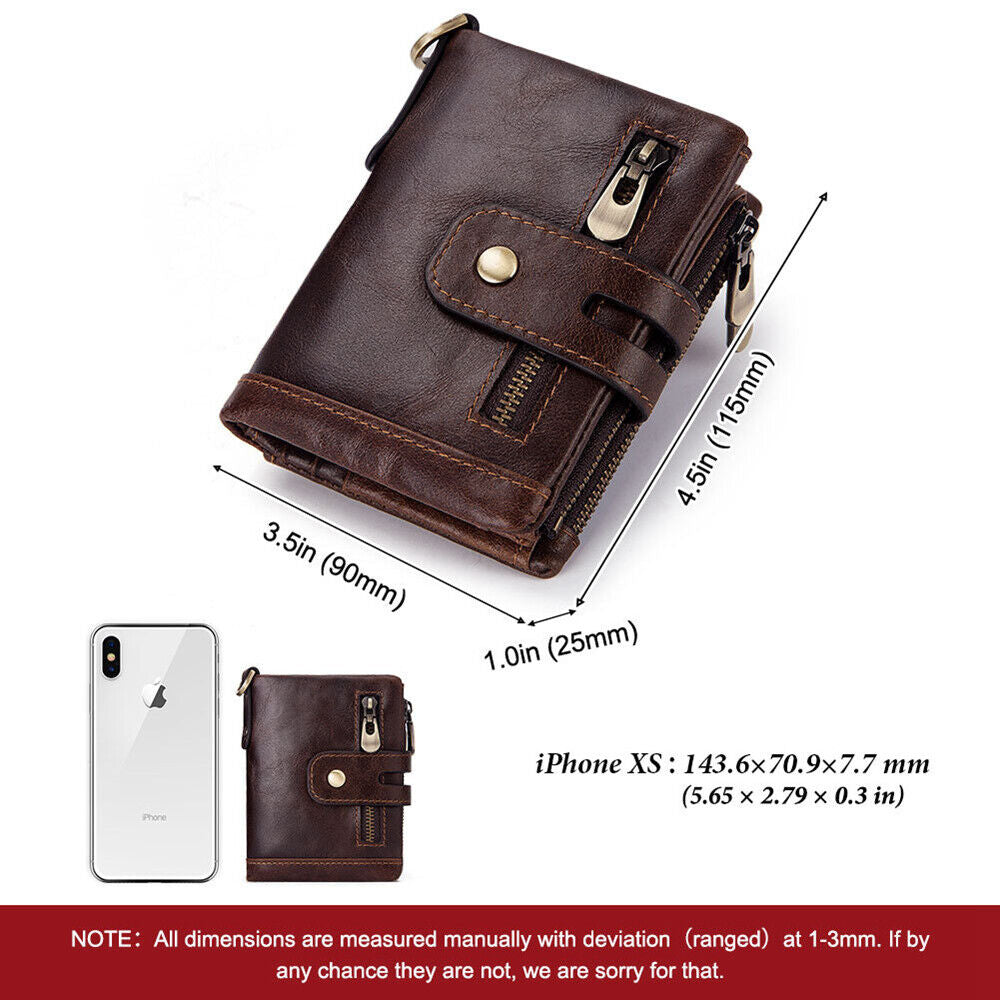 Men'S RFID Blocking Wallet Genuine Leather Purse Card Slots Coins Holder Chain