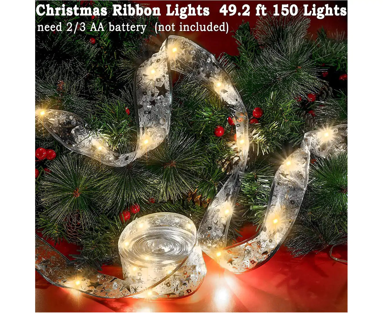 5M/16.4FT Christmas Fairy Lights,Golden Ribbon Christmas Lights Battery Operated String Lights for Christmas Tree Xmas - Cool White