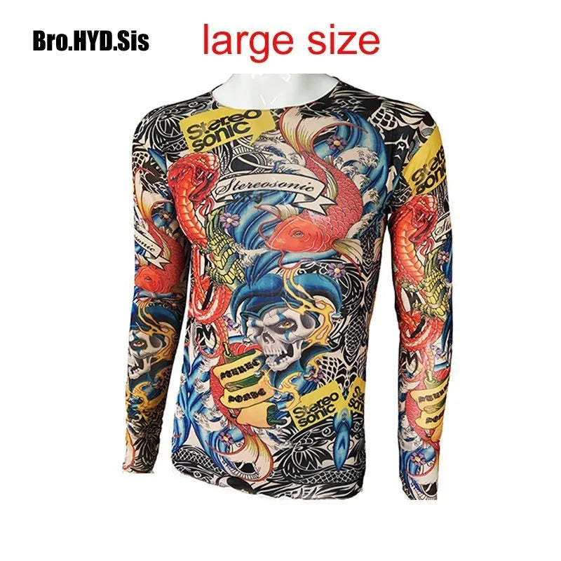 Fashion Men'S Fake Tattoo T-Shirts Long Sleeve Elastic Modal Thin All over Print O-Neck Tattoo Shirts Women Halloween Clothing