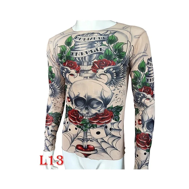 Fashion Men'S Fake Tattoo T-Shirts Long Sleeve Elastic Modal Thin All over Print O-Neck Tattoo Shirts Women Halloween Clothing