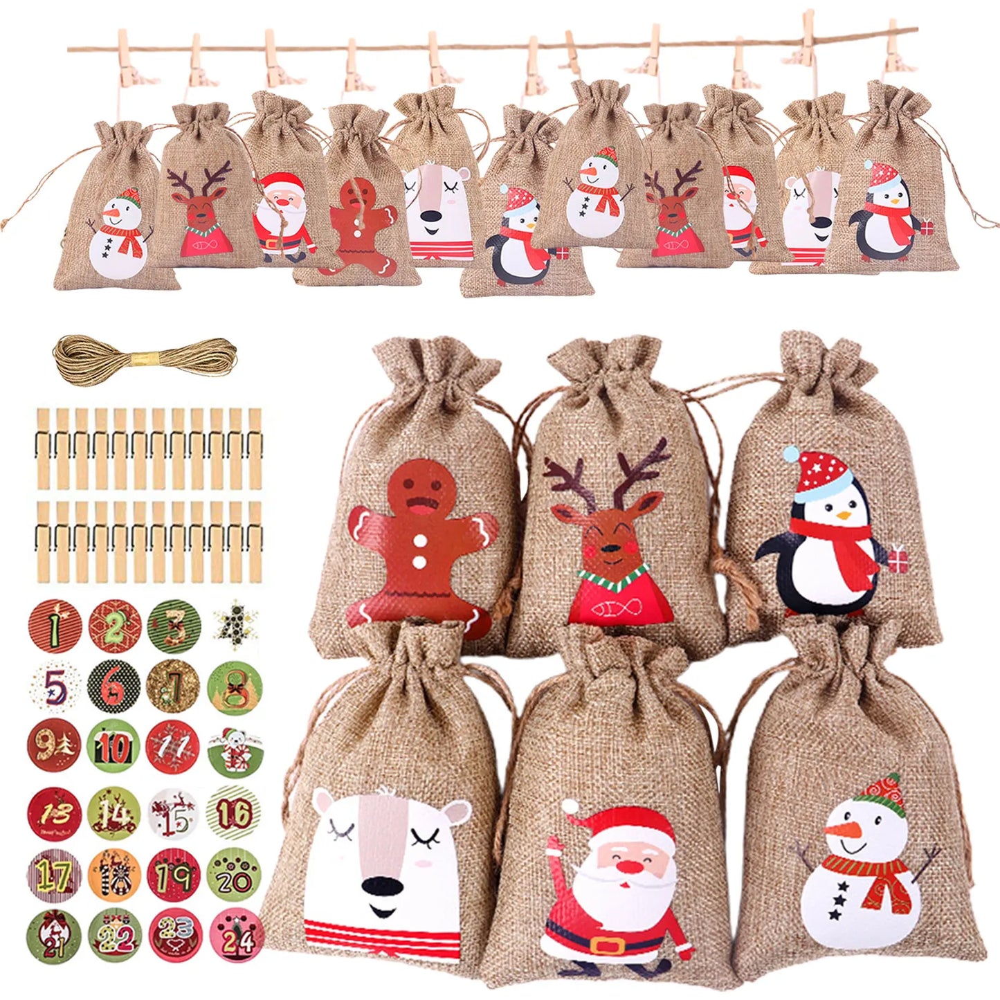 24Pcs Christmas Advent Calendar Bag Linen Wall Hanging Drawstring Bag with Clips Wooden Sign 2022 Christmas Countdown Advent Bag