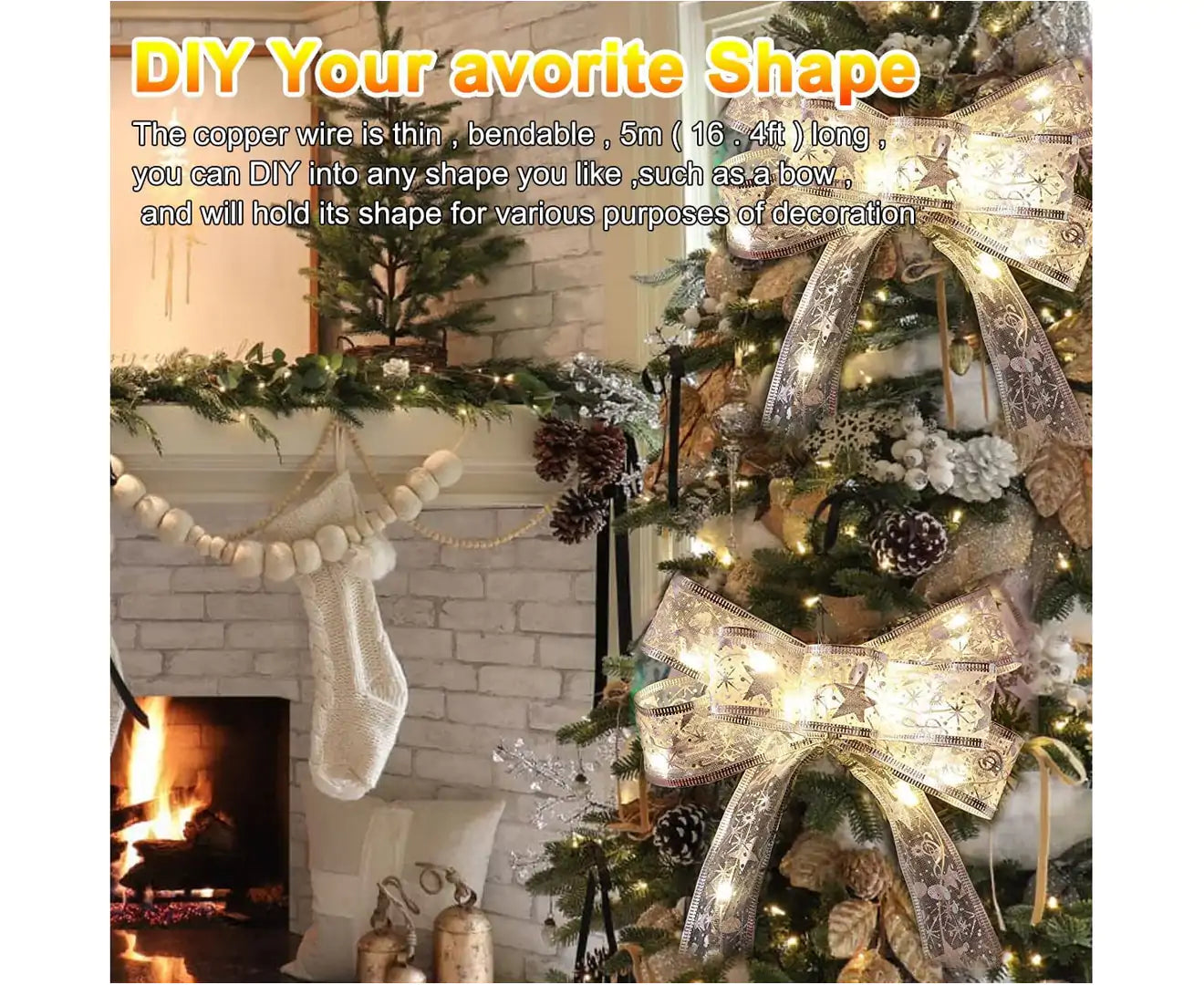 5M/16.4FT Christmas Fairy Lights,Golden Ribbon Christmas Lights Battery Operated String Lights for Christmas Tree Xmas - Cool White