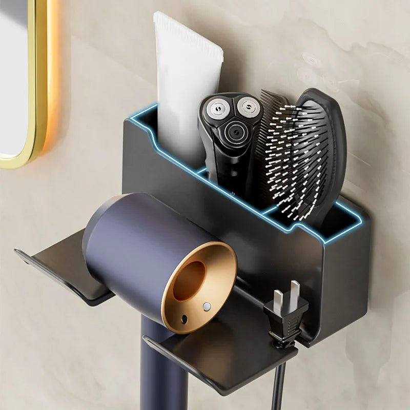 Wall-Mounted Hair Dryer Storage Rack - Multi-Functional Non-Perforated Bathroom Organizer