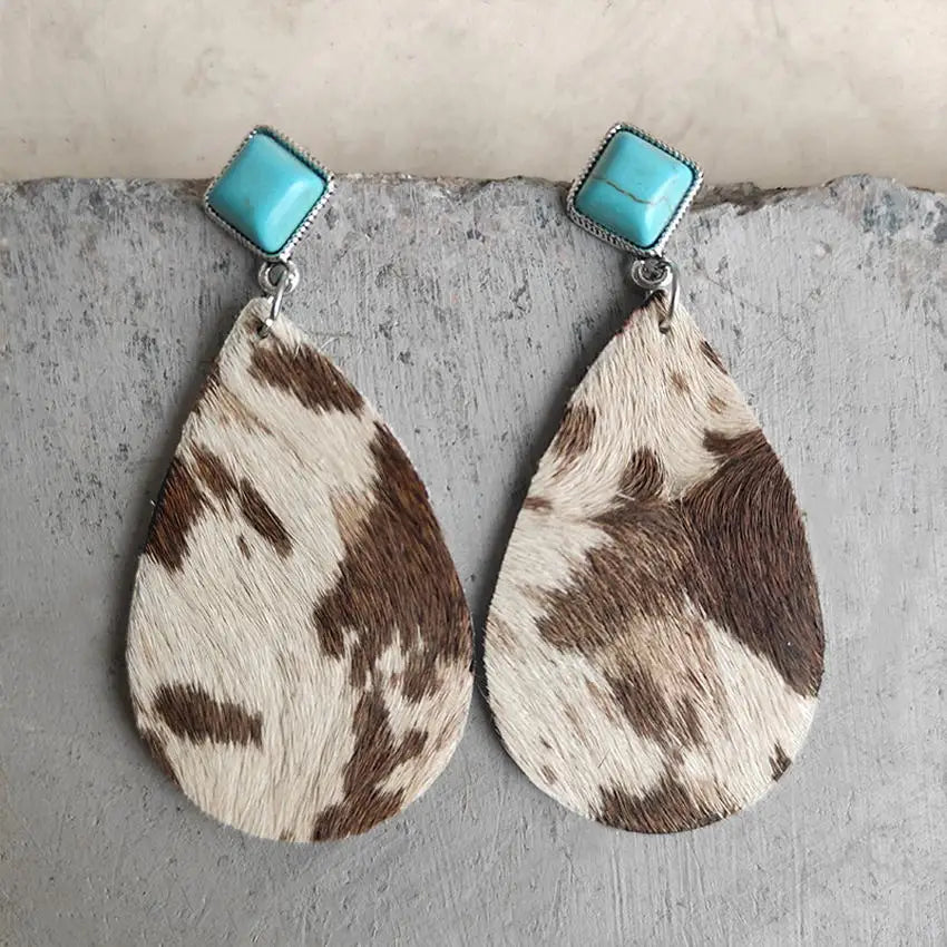 Square Turquoise and Genuine Cowhide Leather Teardrop Drop Earrings for Women Every Day Earrings Accessories Jewelry