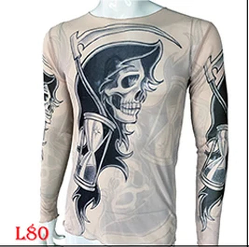 Fashion Men'S Fake Tattoo T-Shirts Long Sleeve Elastic Modal Thin All over Print O-Neck Tattoo Shirts Women Halloween Clothing