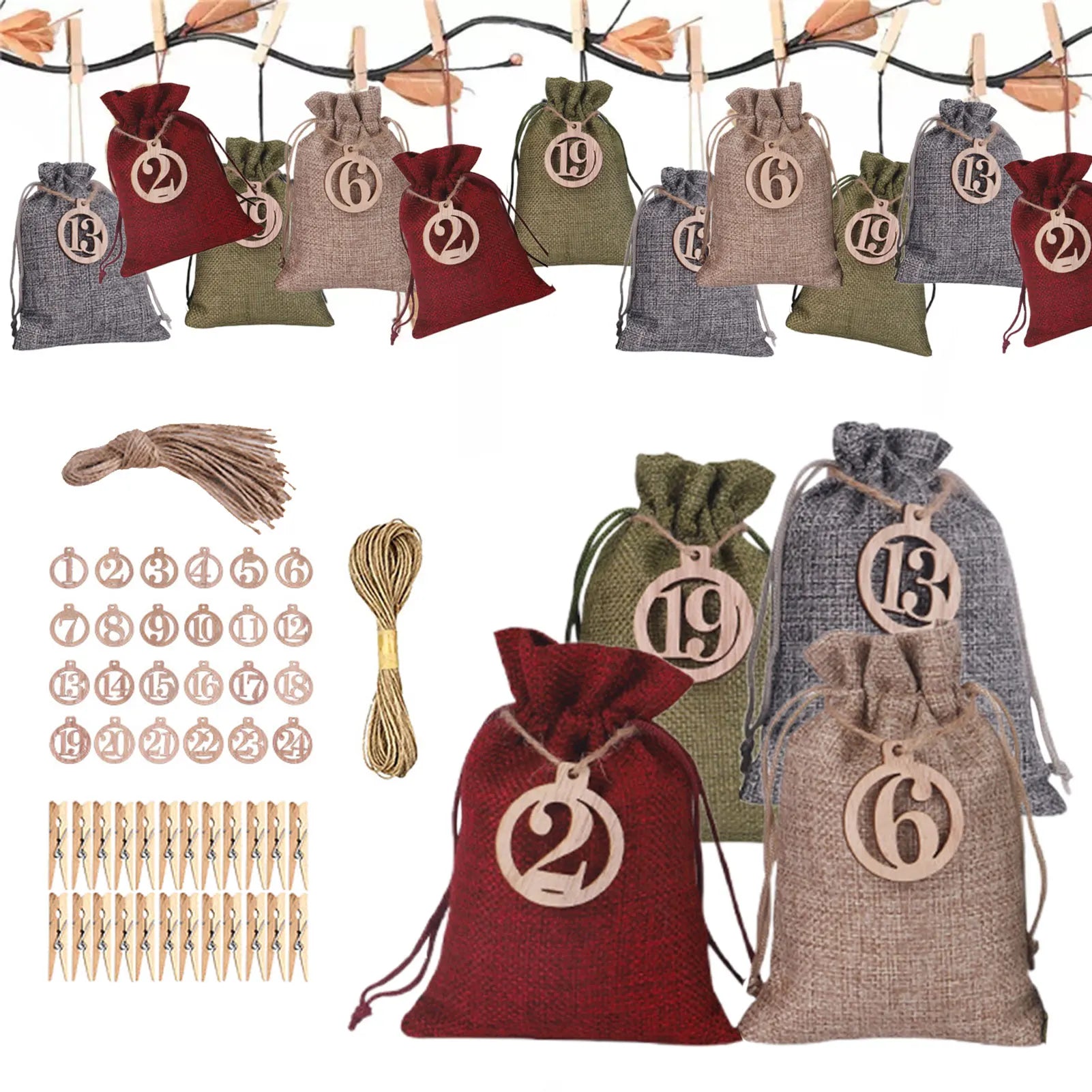 24Pcs Christmas Advent Calendar Bag Linen Wall Hanging Drawstring Bag with Clips Wooden Sign 2022 Christmas Countdown Advent Bag