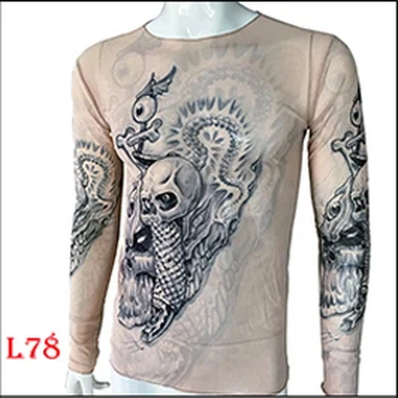 Fashion Men'S Fake Tattoo T-Shirts Long Sleeve Elastic Modal Thin All over Print O-Neck Tattoo Shirts Women Halloween Clothing