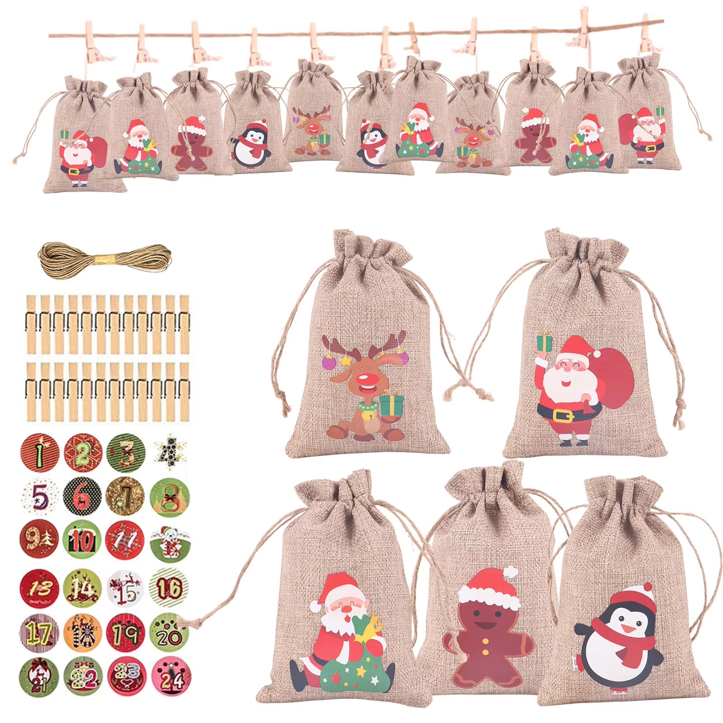 24Pcs Christmas Advent Calendar Bag Linen Wall Hanging Drawstring Bag with Clips Wooden Sign 2022 Christmas Countdown Advent Bag