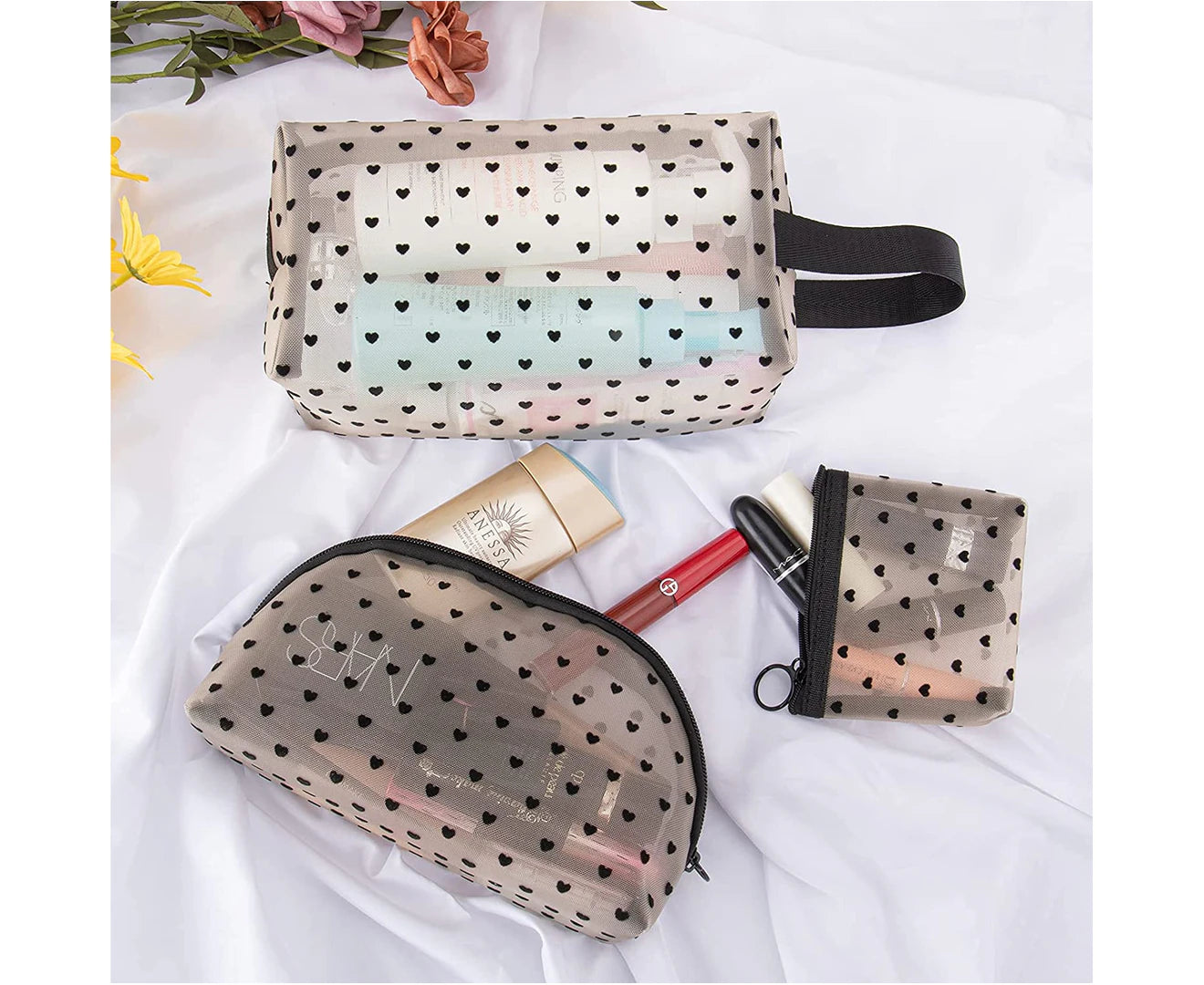 3Pcs Makeup Bag Cosmetic Bag Set, Portable Large Capacity Mesh Toiletry Bag for Travel