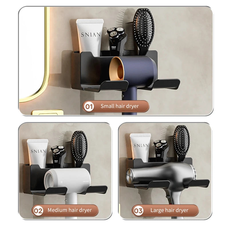 Wall-Mounted Hair Dryer Storage Rack - Multi-Functional Non-Perforated Bathroom Organizer