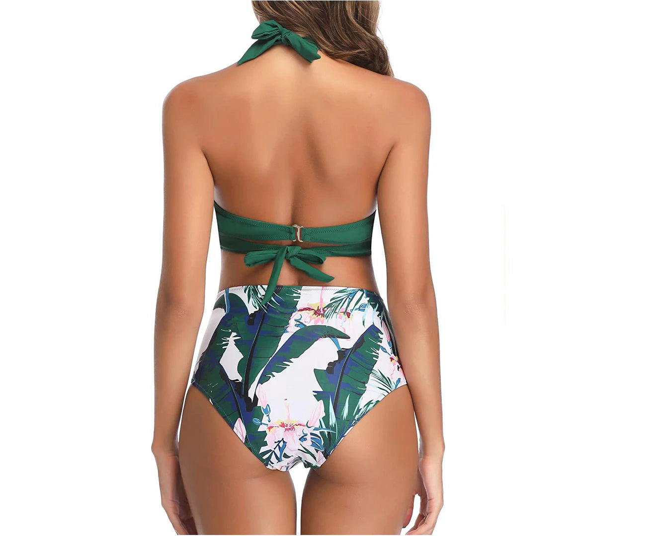 Women Vintage Swimsuit Two Piece Retro Halter Ruched High Waist Bikini - Green