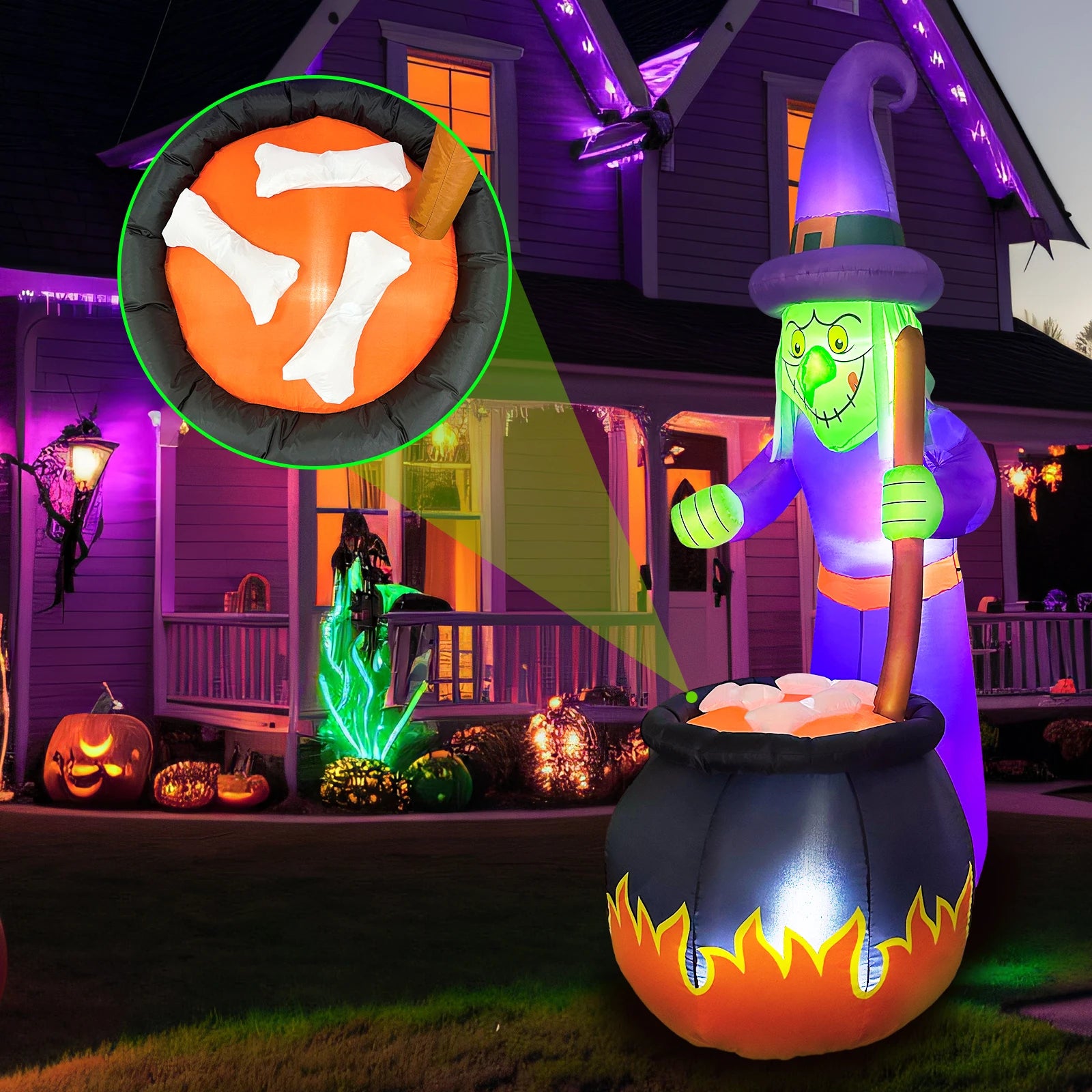 6 FT Halloween Cute Witch and Cauldron Inflatable Witch Outdoor Decorations Blow up Yard for Outdoor Garden Lawn Party Decor