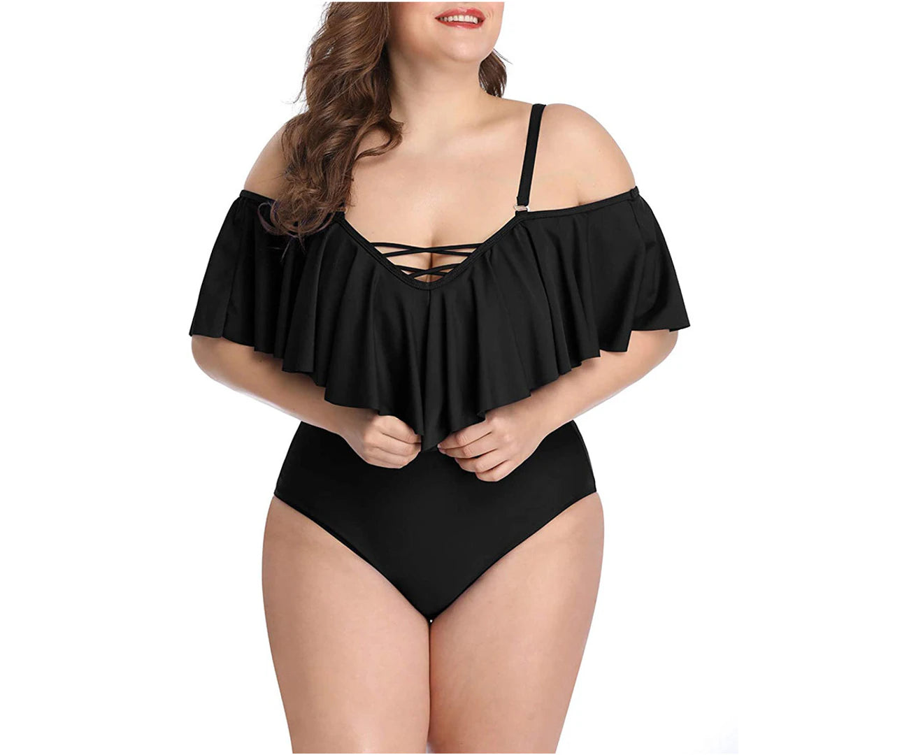 Stylish Plus Size Off-Shoulder One Piece Swimsuits with Tummy Control - Sleek Black Swimwear for Women