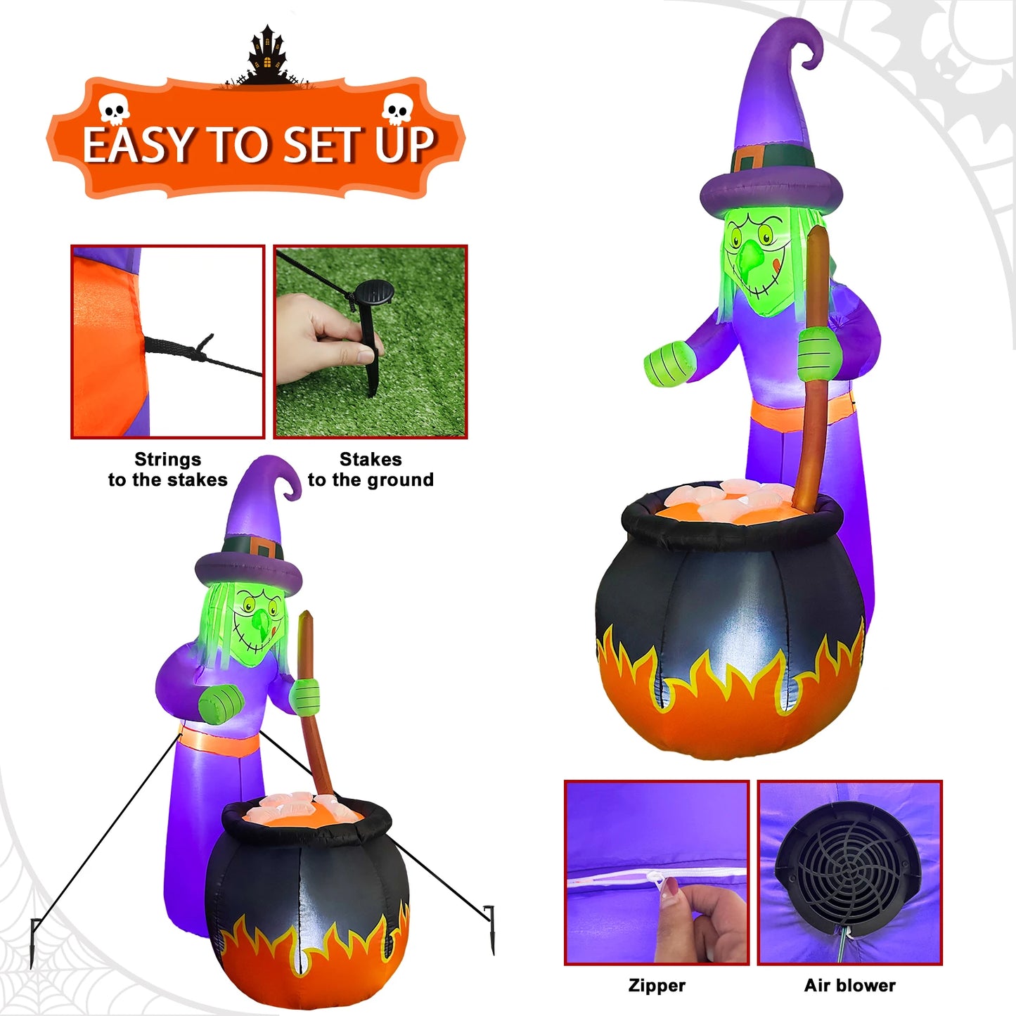 6 FT Halloween Cute Witch and Cauldron Inflatable Witch Outdoor Decorations Blow up Yard for Outdoor Garden Lawn Party Decor