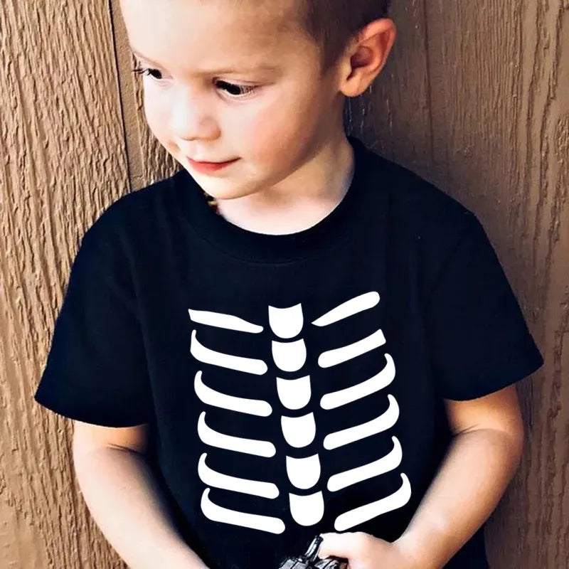 New 2021 Kids Halloween Costume 3D Skeleton Print Balck T-Shirts Cotton round Neck Casual T-Shirt Children'S Clothing 2T to 10Y