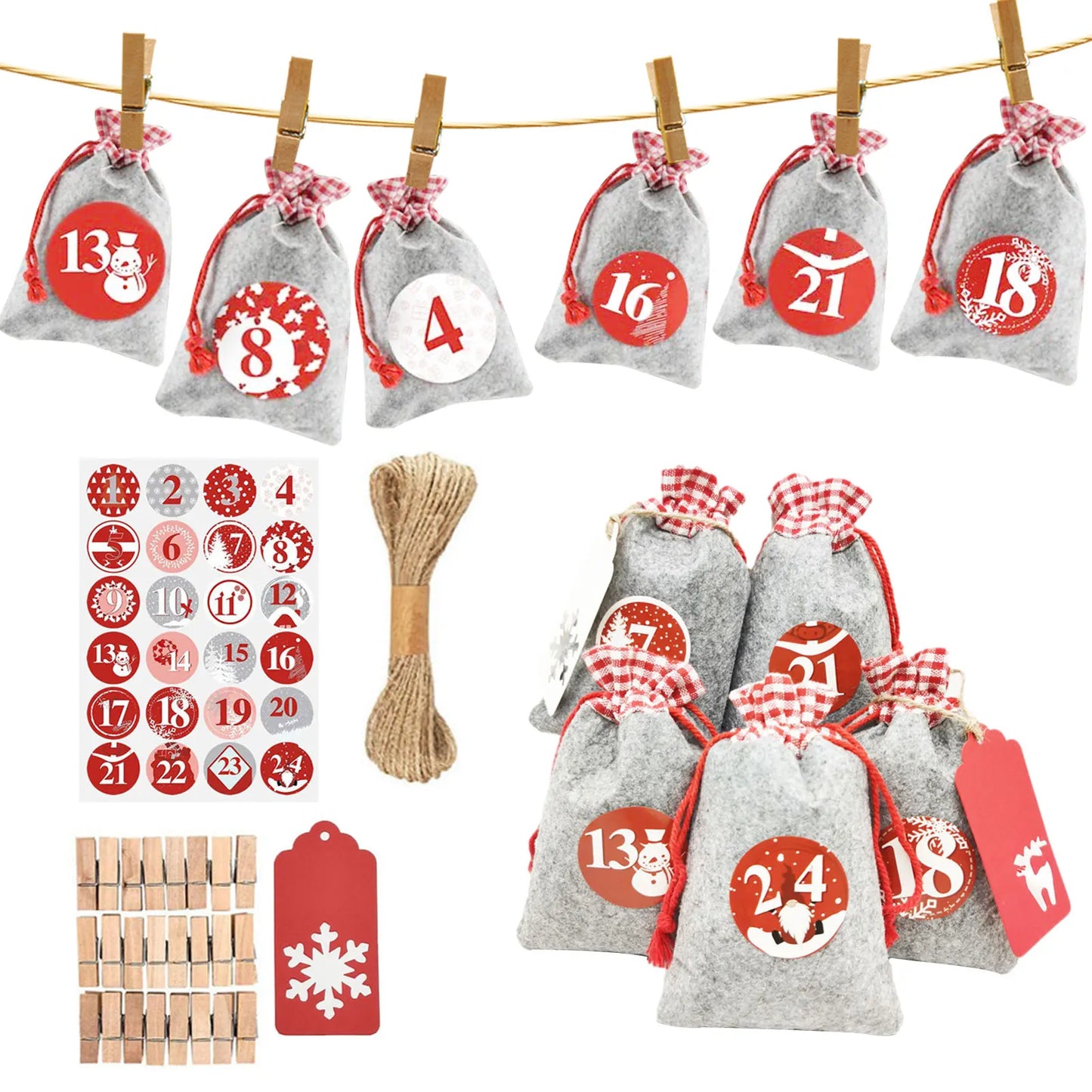 24Pcs Christmas Advent Calendar Bag Linen Wall Hanging Drawstring Bag with Clips Wooden Sign 2022 Christmas Countdown Advent Bag