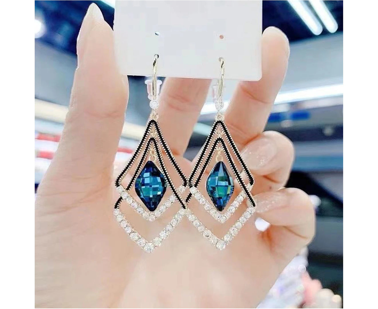 "Stunning Blue Double Layer Rhinestone Earrings – Sparkling Electroplated Hook Design for Elegant Banquets"