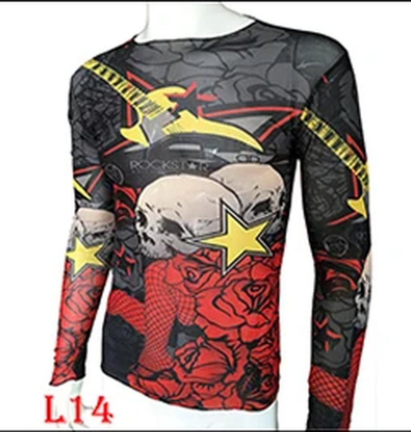 Fashion Men'S Fake Tattoo T-Shirts Long Sleeve Elastic Modal Thin All over Print O-Neck Tattoo Shirts Women Halloween Clothing