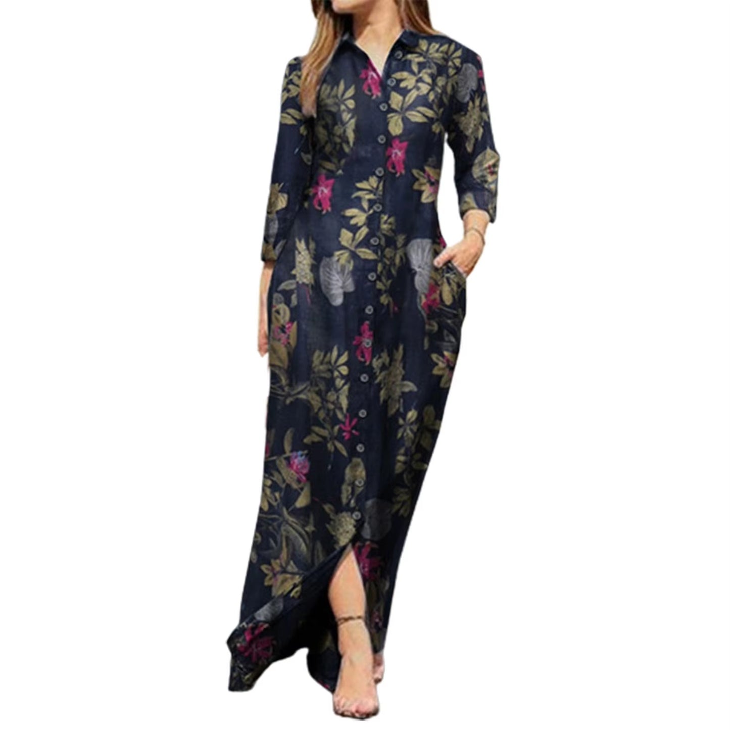 New Autumn Casual Fashion Women Dress Single-Breasted Long Sleeve Printed Loose Maxi 