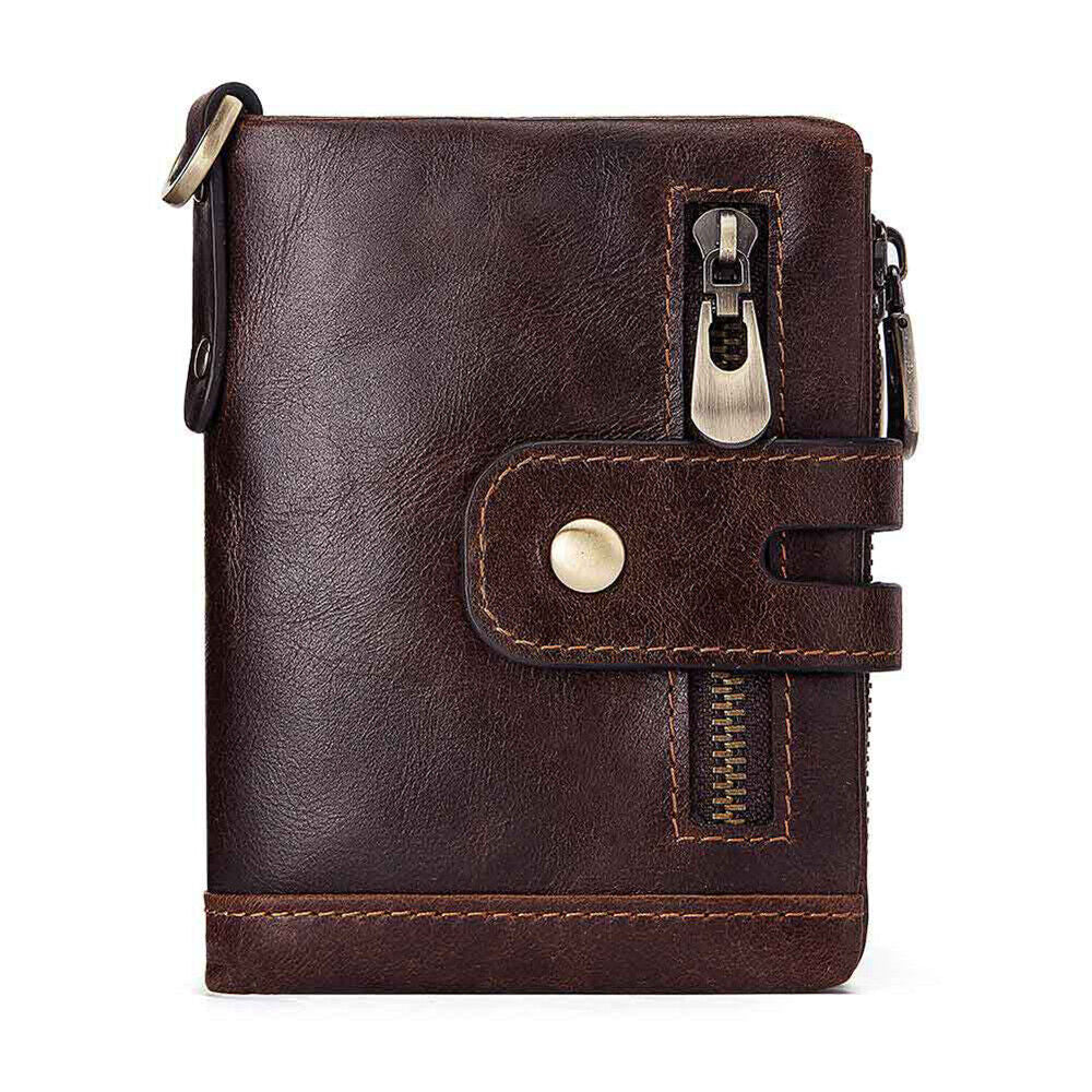 Men'S RFID Blocking Wallet Genuine Leather Purse Card Slots Coins Holder Chain