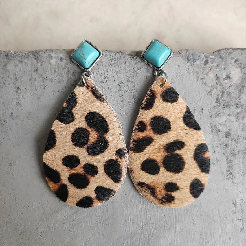 Square Turquoise and Genuine Cowhide Leather Teardrop Drop Earrings for Women Every Day Earrings Accessories Jewelry